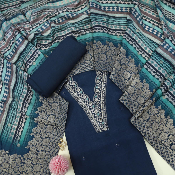 Himayati Peacock V Neck Blue Dola Silk Top with Printed Muslin Dupatta Set