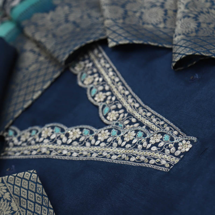 Himayati Peacock V Neck Blue Dola Silk Top with Printed Muslin Dupatta Set