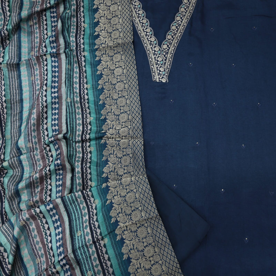 Himayati Peacock V Neck Blue Dola Silk Top with Printed Muslin Dupatta Set
