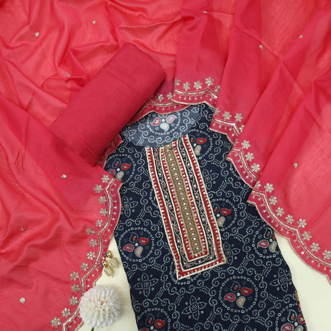 Himayati Midnight Blue Bandhani Printed Muslin Top with Cotton Silk Dupatta Set