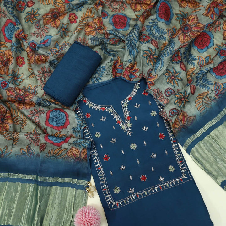Himayati Peacock Blue Dola Silk Top with Printed Muslin Dupatta Set