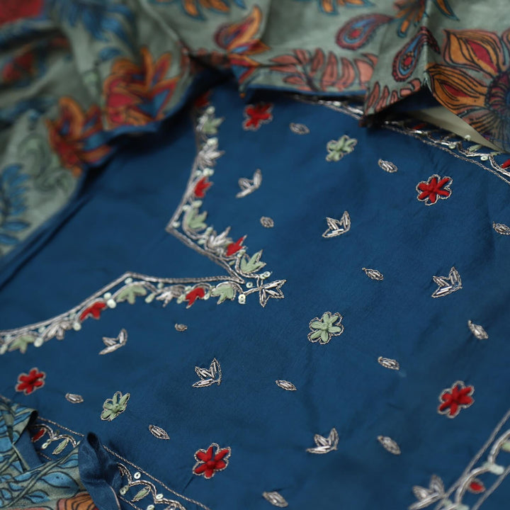 Himayati Peacock Blue Dola Silk Top with Printed Muslin Dupatta Set