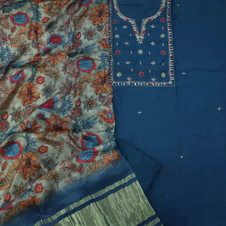 Himayati Peacock Blue Dola Silk Top with Printed Muslin Dupatta Set
