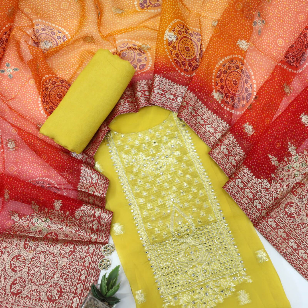 Himayati Bumblebee Yellow Brocade Work Organza Top with Semi-Georgette Dupatta Set