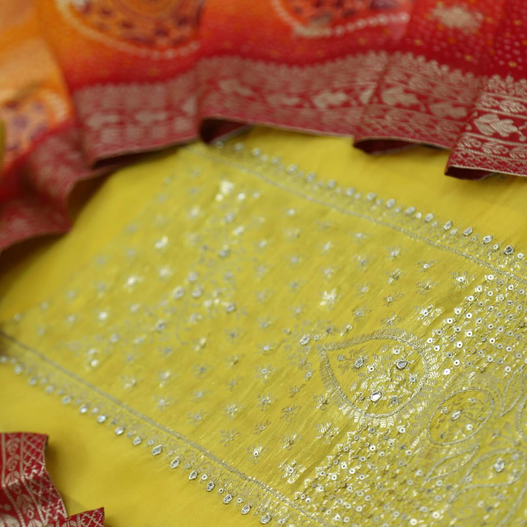 Himayati Bumblebee Yellow Brocade Work Organza Top with Semi-Georgette Dupatta Set