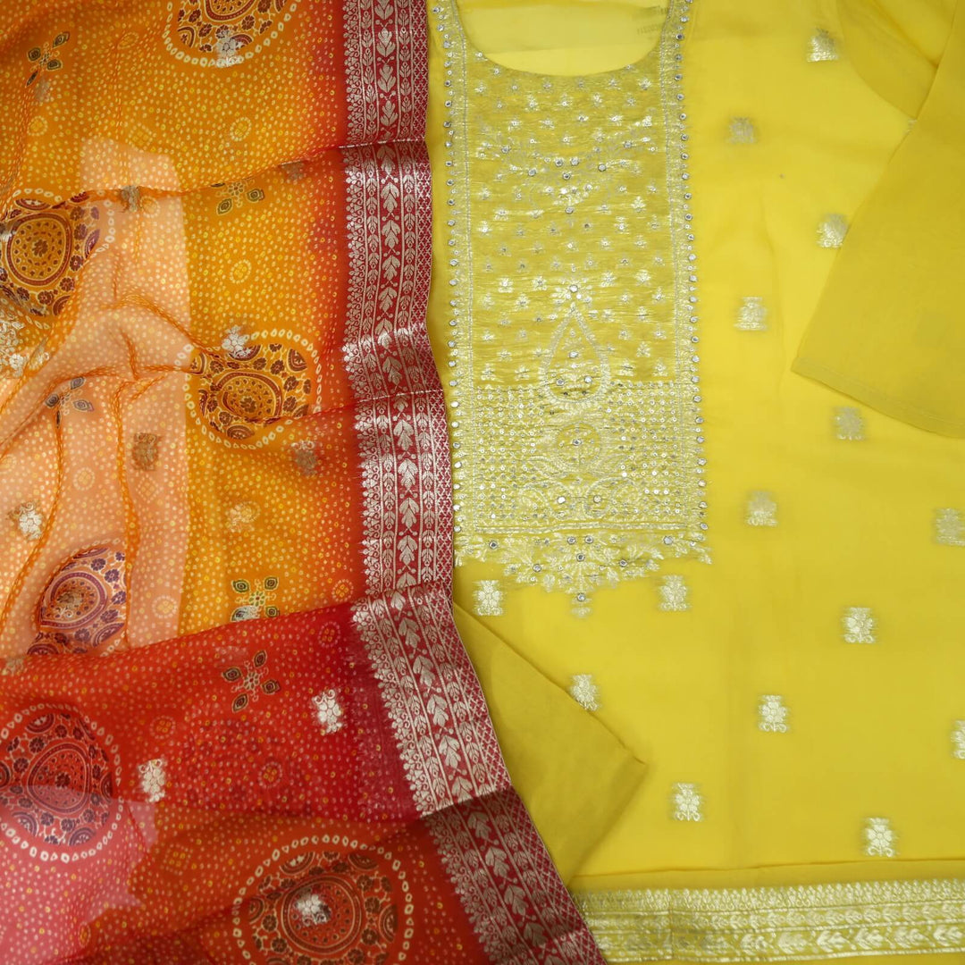 Himayati Bumblebee Yellow Brocade Work Organza Top with Semi-Georgette Dupatta Set