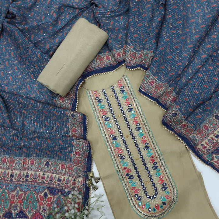 Himayati Beige Sequence Work Neck Cotton Silk Top with Chinon Dupatta Set