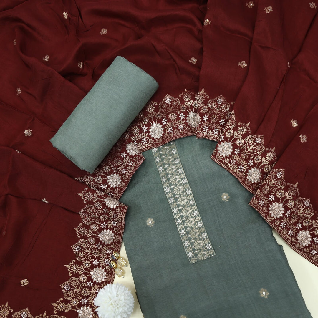 Himayati Hunter Green Brocade Work Dola Silk Top with Dola silk Dupatta Set