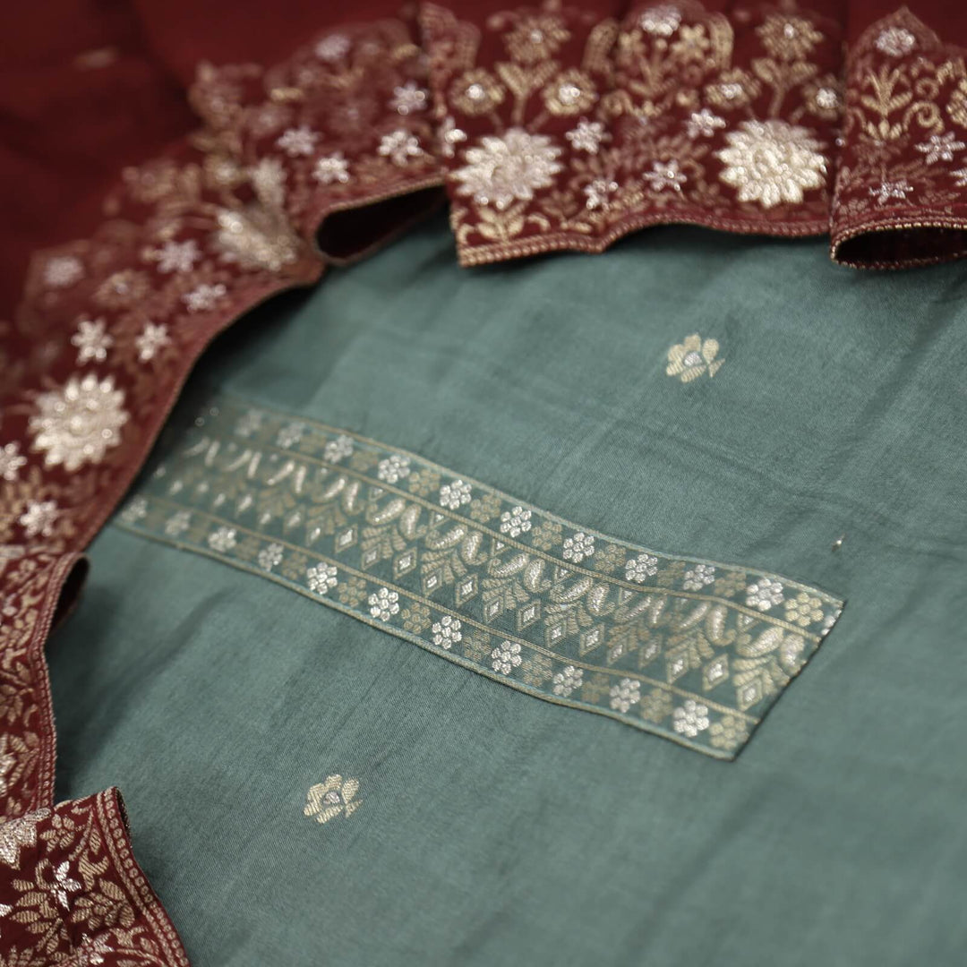 Himayati Hunter Green Brocade Work Dola Silk Top with Dola silk Dupatta Set