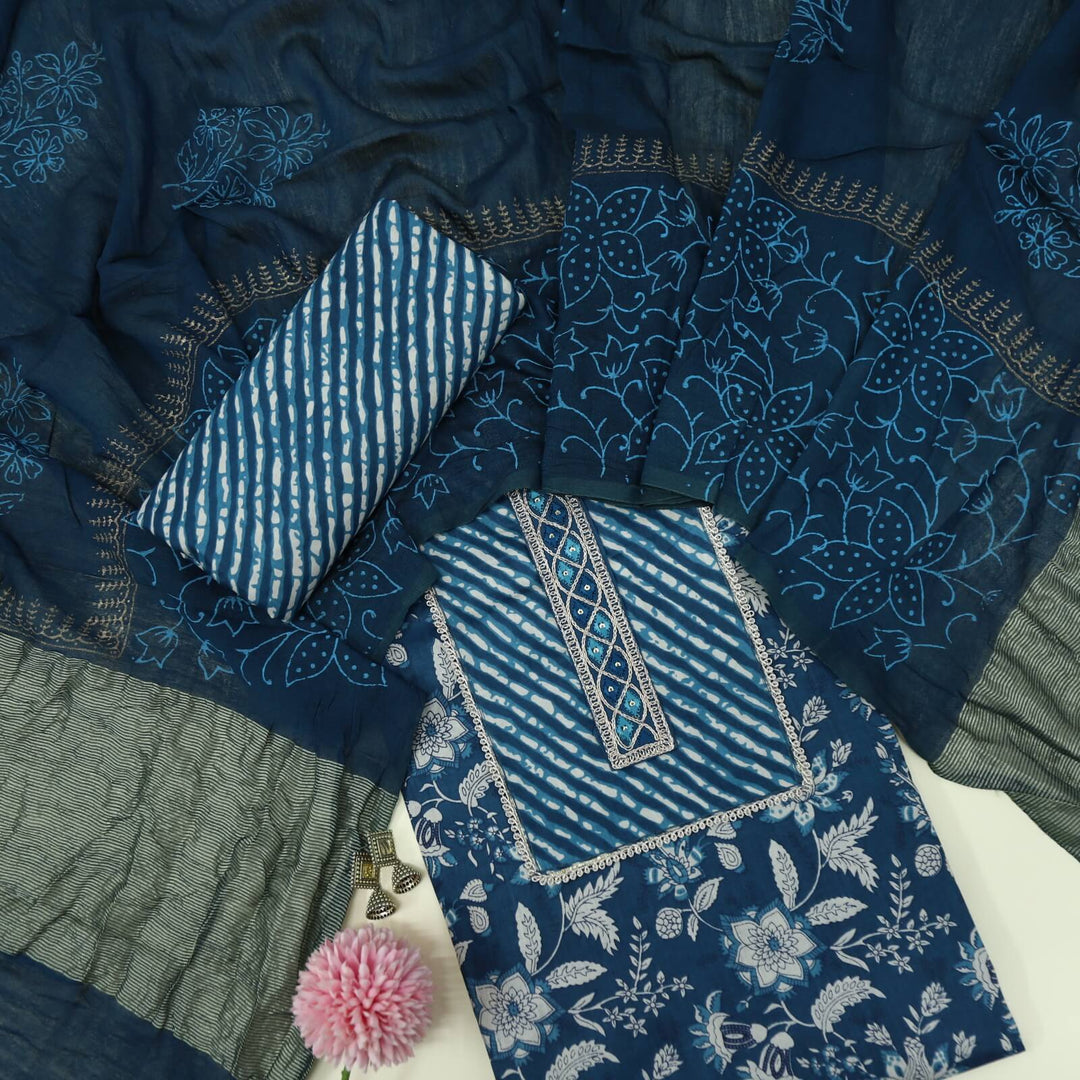 Shayarana Prussian Blue Printed Cotton Top with Leheriya Bottom and Dupatta Set-D2