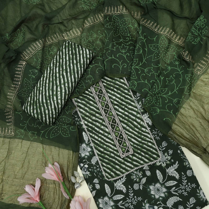 Shayarana Basil Green Printed Cotton Top with Leheriya Bottom and Dupatta Set-D2