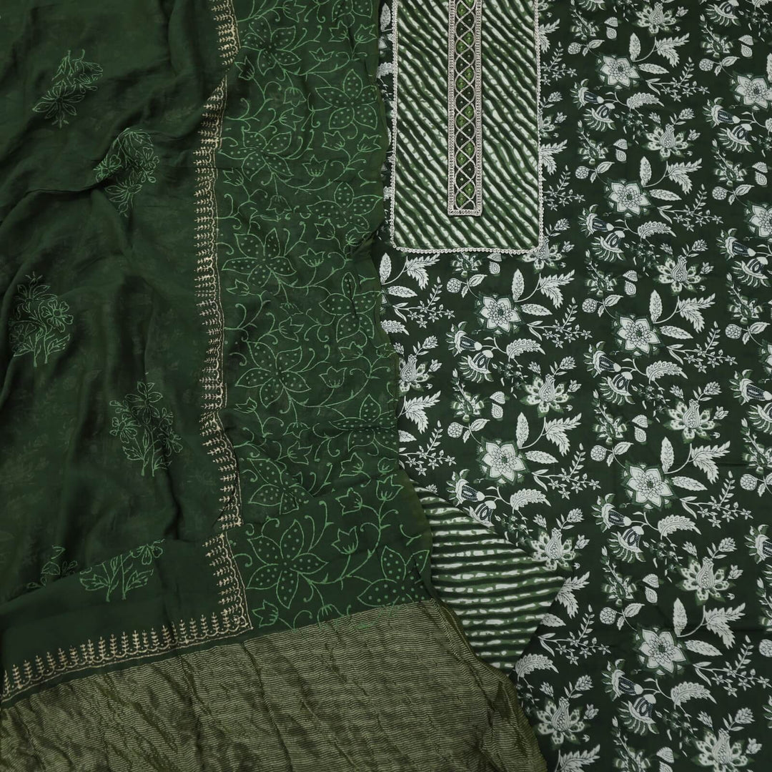 Shayarana Basil Green Printed Cotton Top with Leheriya Bottom and Dupatta Set-D2