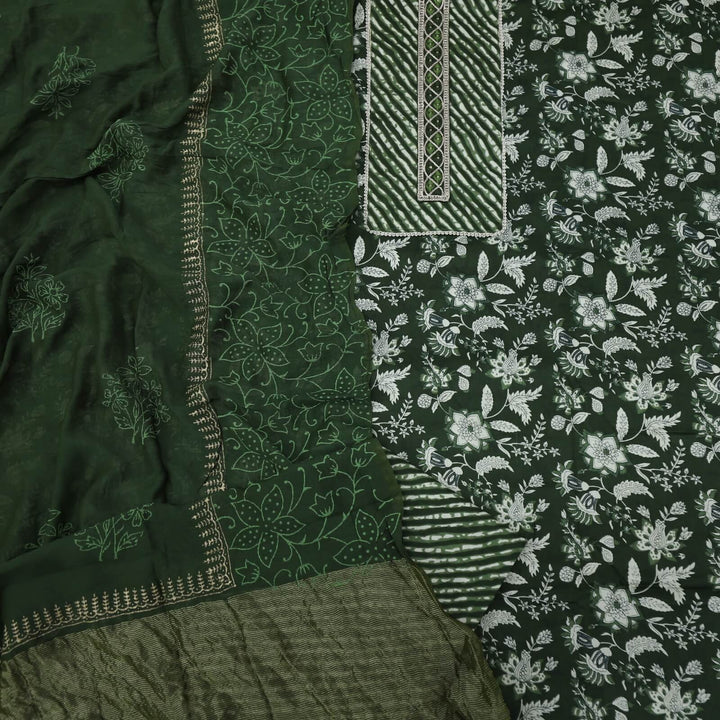 Shayarana Basil Green Printed Cotton Top with Leheriya Bottom and Dupatta Set-D2