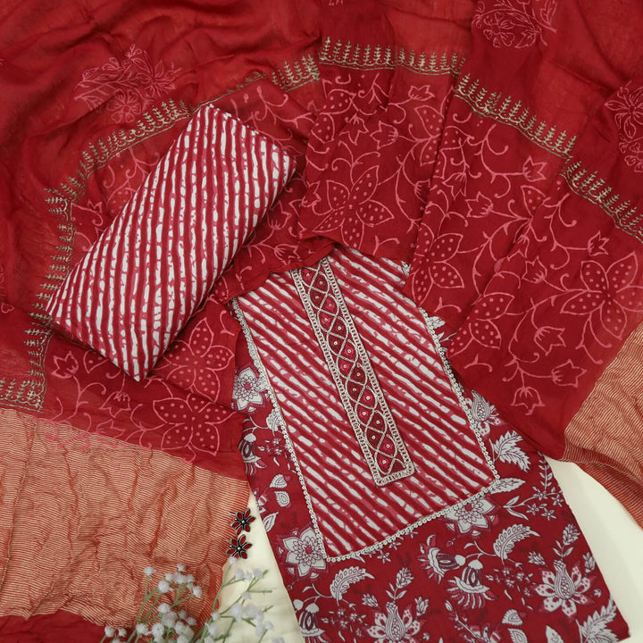 Shayarana Jam Red Printed Cotton Top with Leheriya Bottom and Dupatta Set-D2