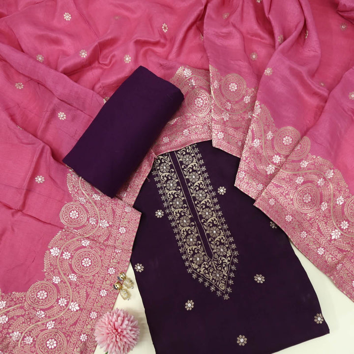 Himayati Eggplant Purple Zari Weaved Work Dola Silk Top with Dola silk Dupatta Set