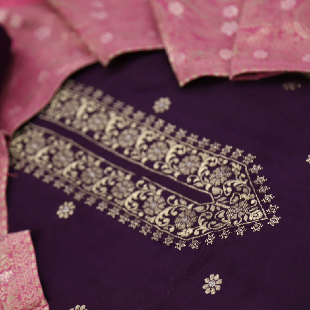 Himayati Eggplant Purple Zari Weaved Work Dola Silk Top with Dola silk Dupatta Set