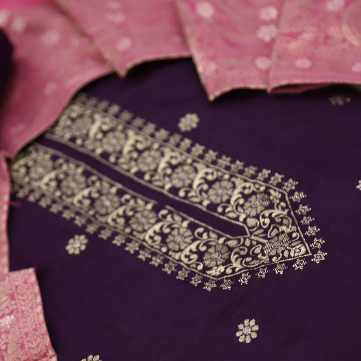Himayati Eggplant Purple Zari Weaved Work Dola Silk Top with Dola silk Dupatta Set