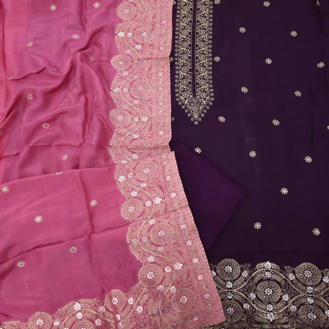 Himayati Eggplant Purple Zari Weaved Work Dola Silk Top with Dola silk Dupatta Set