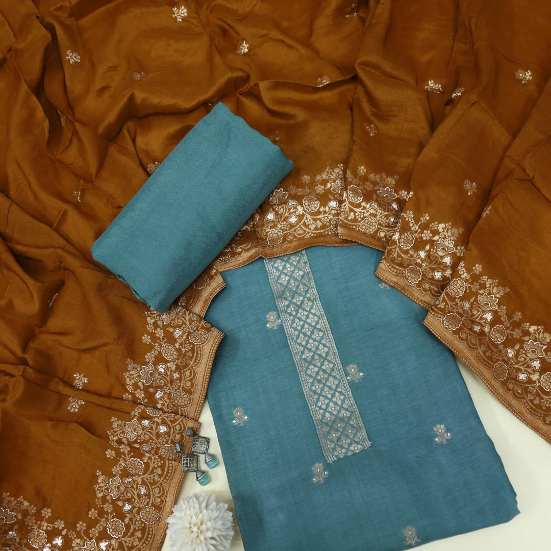 Himayati Backpack Blue Brocade Work Dola Silk Top with Dola silk Dupatta Set