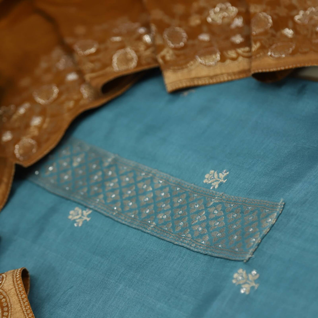 Himayati Backpack Blue Brocade Work Dola Silk Top with Dola silk Dupatta Set