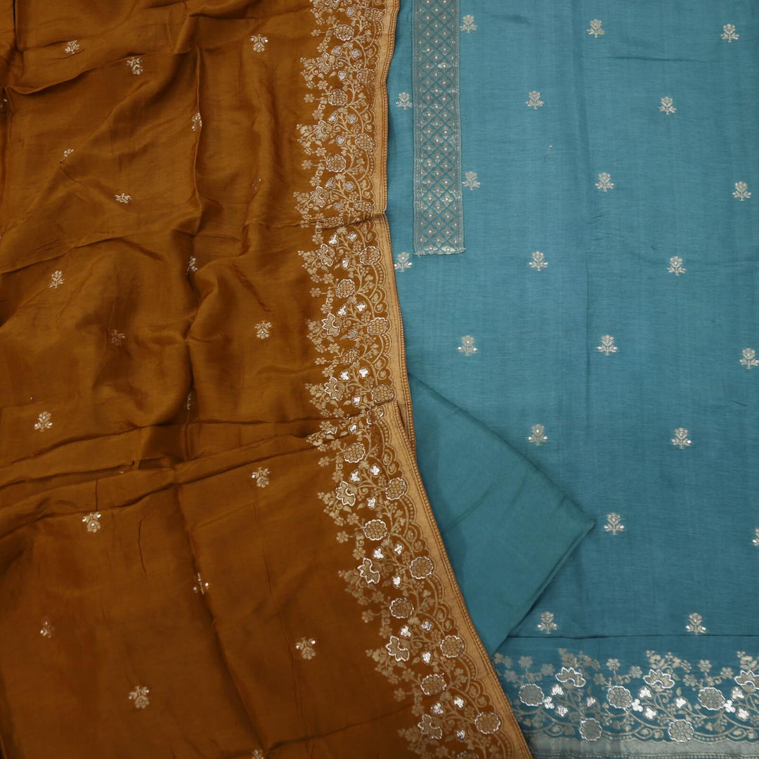 Himayati Backpack Blue Brocade Work Dola Silk Top with Dola silk Dupatta Set
