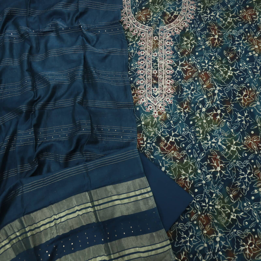 Paasbaan Prussian Blue Pita Work Art Modal Top with Chanderi Silk Dupatta Set