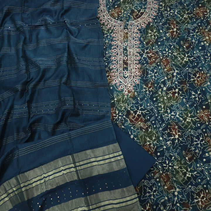 Paasbaan Prussian Blue Pita Work Art Modal Top with Chanderi Silk Dupatta Set