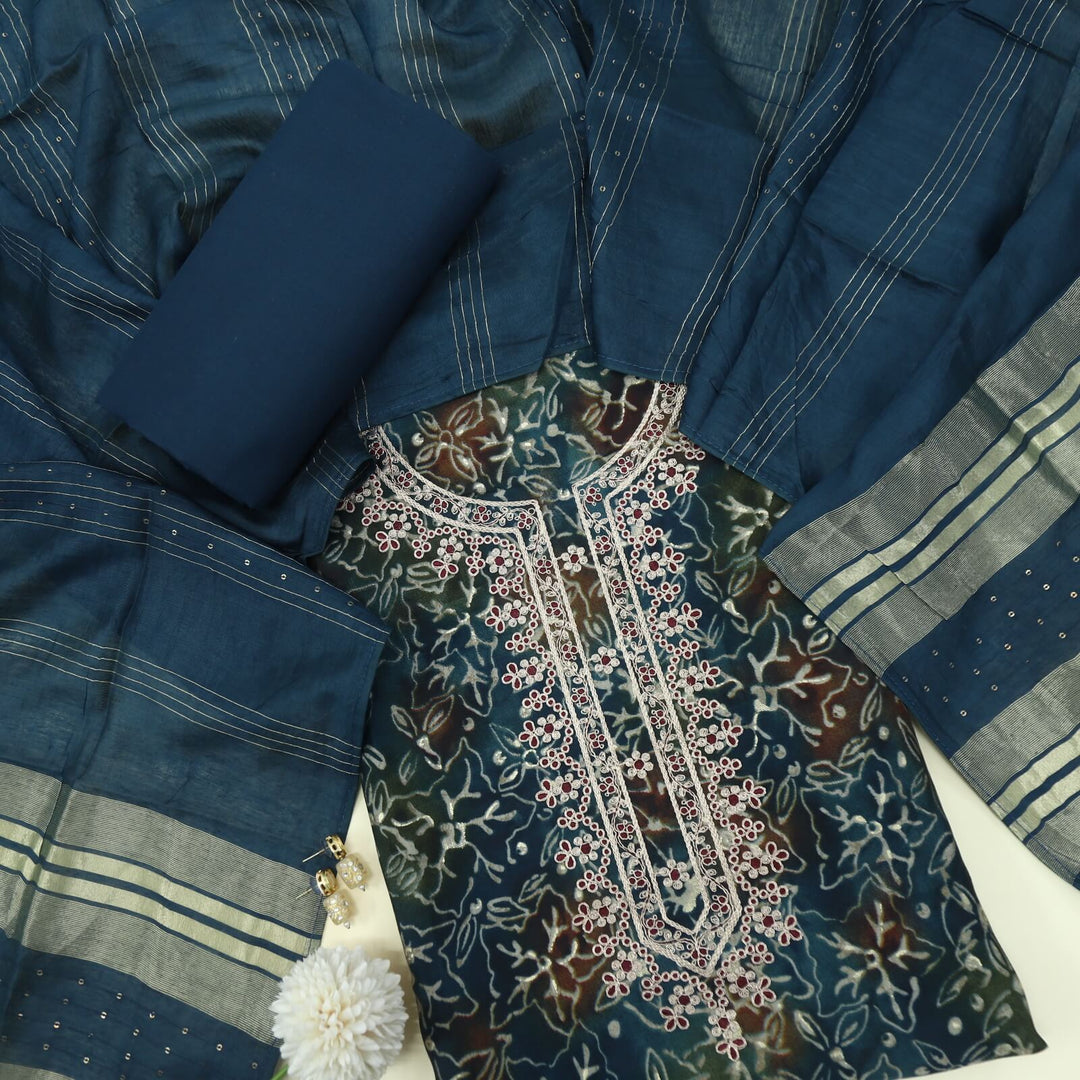 Paasbaan Prussian Blue Pita Work Art Modal Top with Chanderi Silk Dupatta Set