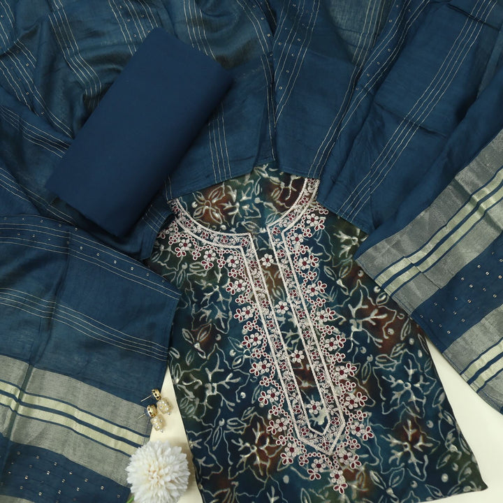 Paasbaan Prussian Blue Pita Work Art Modal Top with Chanderi Silk Dupatta Set
