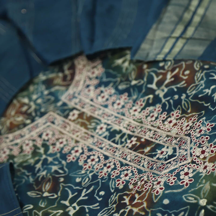 Paasbaan Prussian Blue Pita Work Art Modal Top with Chanderi Silk Dupatta Set