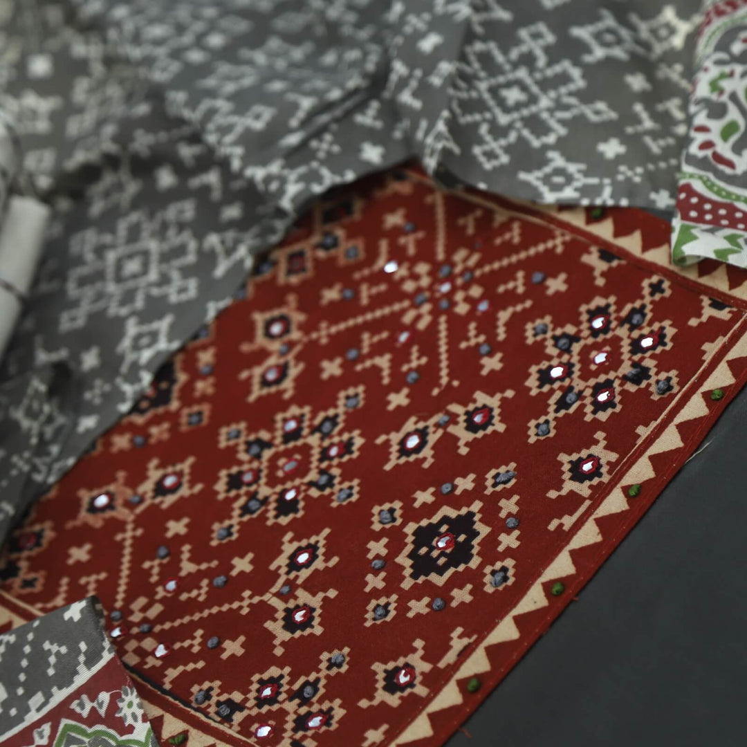 Sugandh Slate Grey Ajrak Patch Jam Satin Top and Thread Work Bottom with Ajrak Printed Dupatta Set