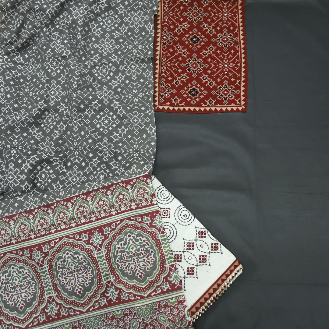 Sugandh Slate Grey Ajrak Patch Jam Satin Top and Thread Work Bottom with Ajrak Printed Dupatta Set