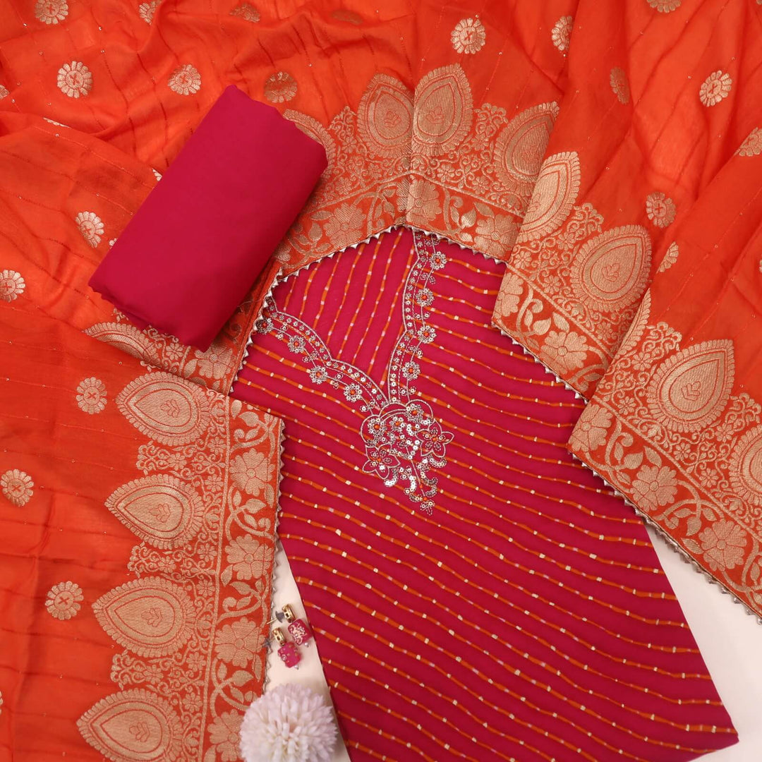 Leher Brink Pink Sequence Work V Neck Leheriya Print Modal Top With Cotton Silk Dupatta Set