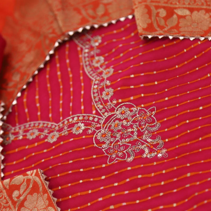 Leher Brink Pink Sequence Work V Neck Leheriya Print Modal Top With Cotton Silk Dupatta Set