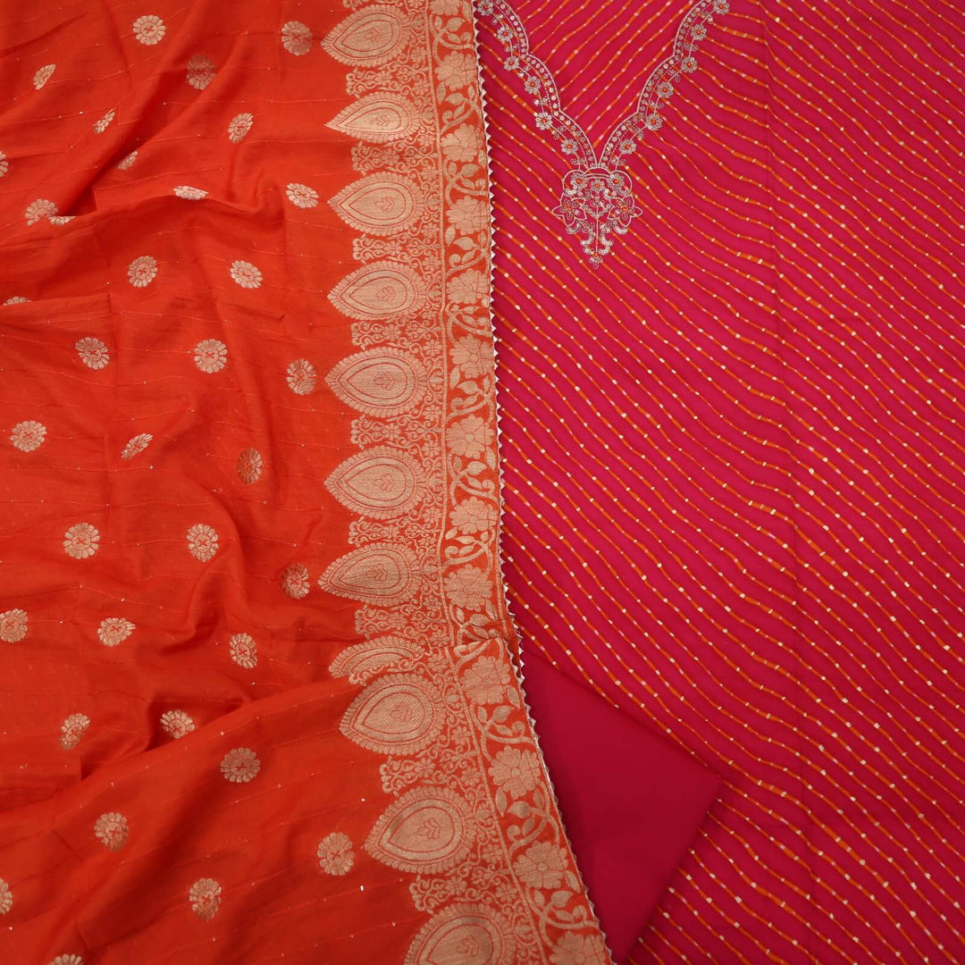 Leher Brink Pink Sequence Work V Neck Leheriya Print Modal Top With Cotton Silk Dupatta Set