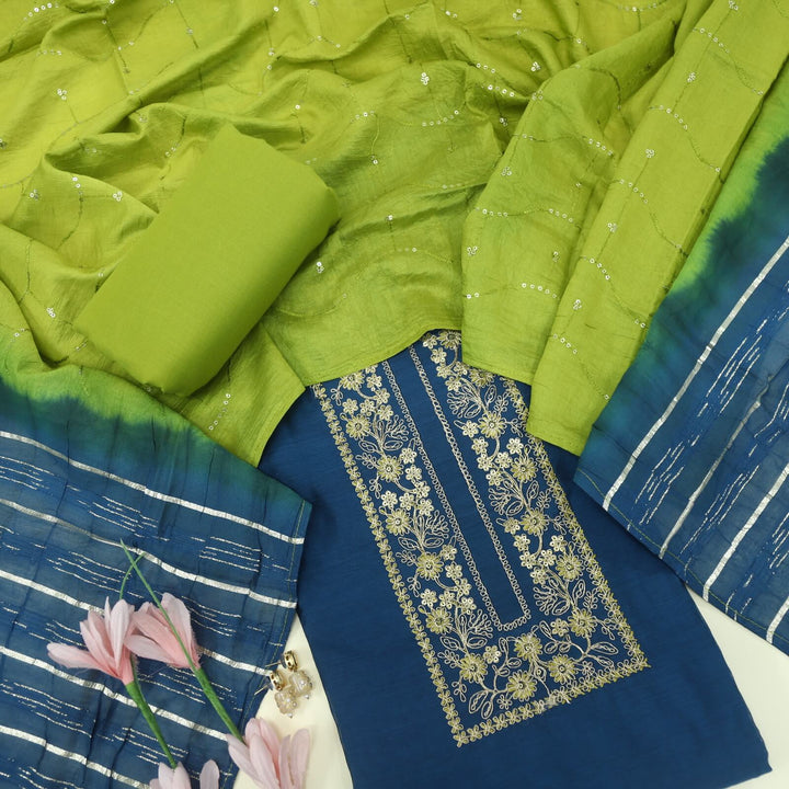 Dastoor Yale Blue Zari Work Chanderi Top with Fancy Cotton Silk Dupatta Set