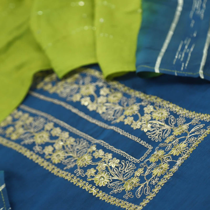 Dastoor Yale Blue Zari Work Chanderi Top with Fancy Cotton Silk Dupatta Set