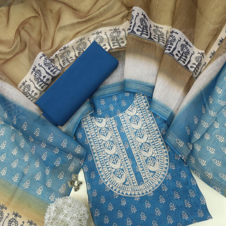 Commando Blue Zari Work Chanderi Top with Printed Chanderi Dupatta Set
