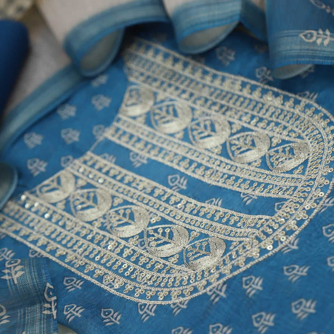 Commando Blue Zari Work Chanderi Top with Printed Chanderi Dupatta Set