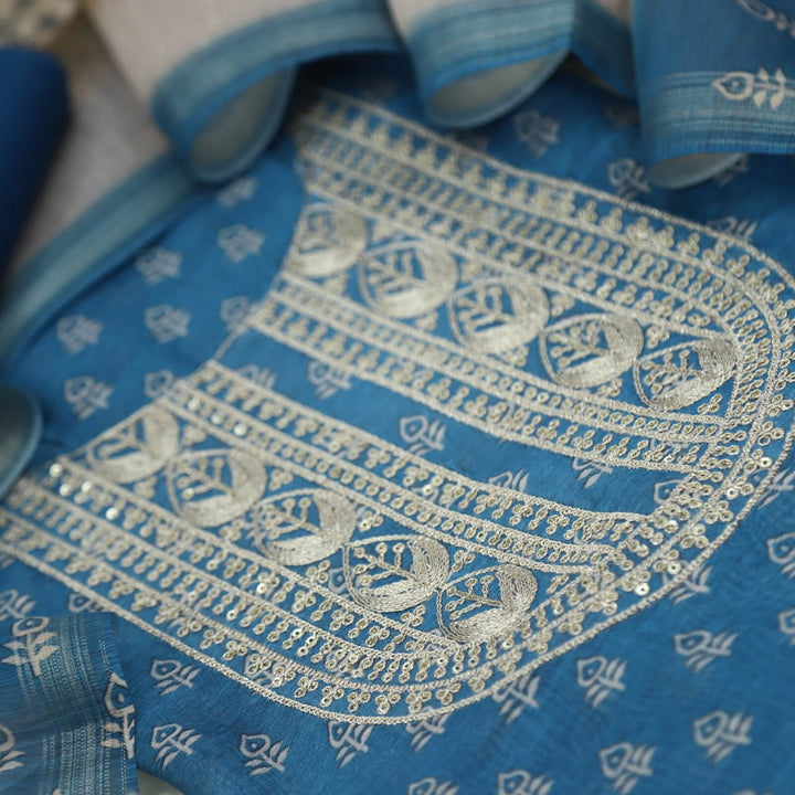 Commando Blue Zari Work Chanderi Top with Printed Chanderi Dupatta Set
