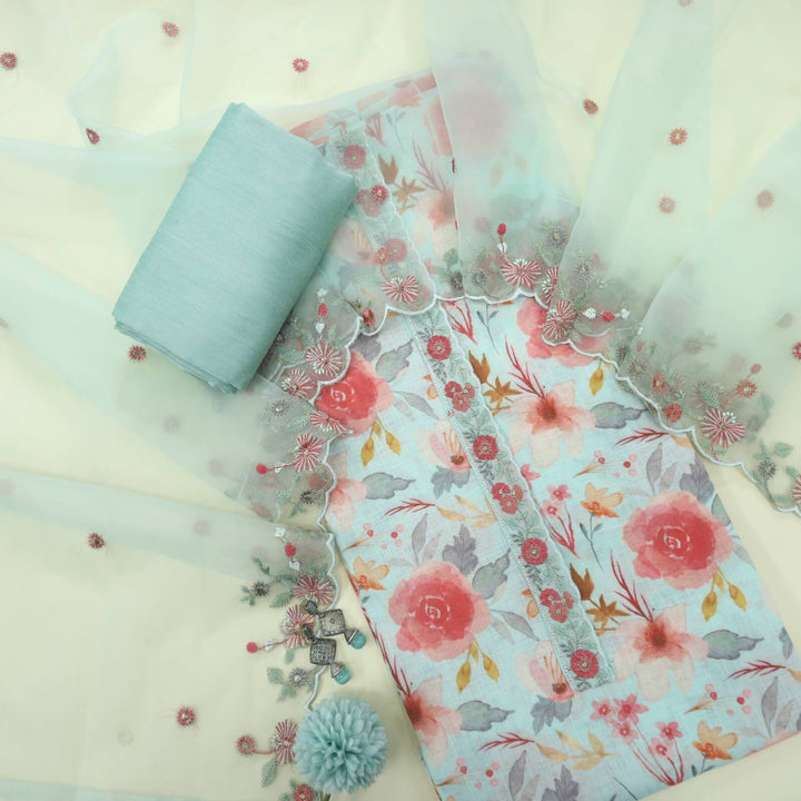 Mahreen Sea Blue Digital Printed Cotton Linen Top and Organza Dupatta Set
