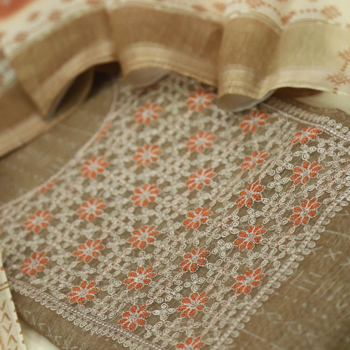 Alfaaz Toffee Brown Zari Work Chanderi Top with Printed Chanderi Dupatta Set