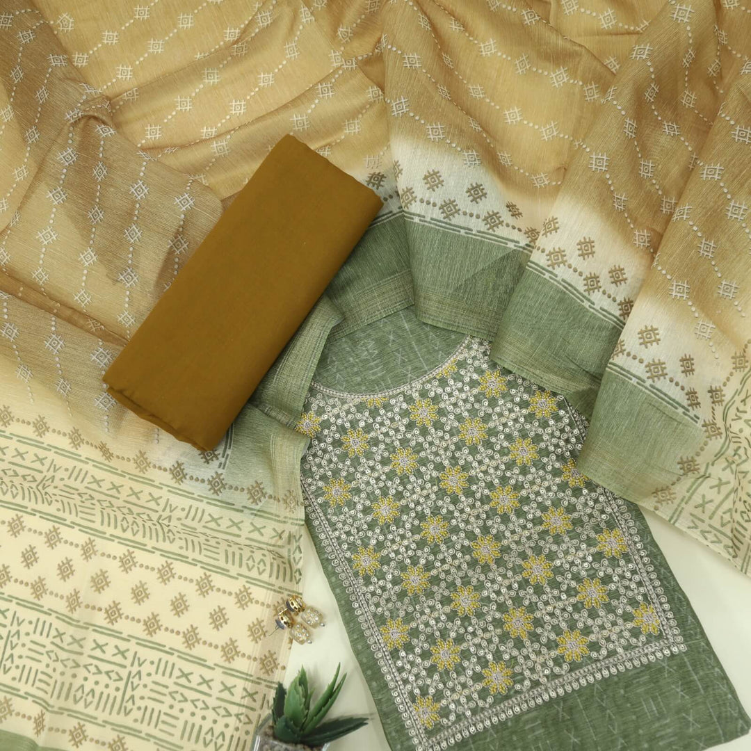 Alfaaz Faded Army Green Zari Work Chanderi Top with Printed Chanderi Dupatta Set