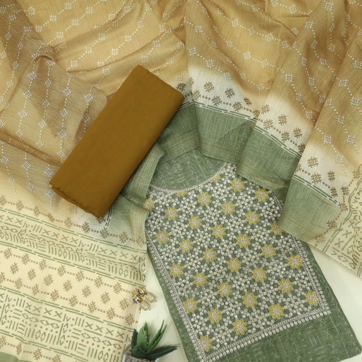 Alfaaz Faded Army Green Zari Work Chanderi Top with Printed Chanderi Dupatta Set