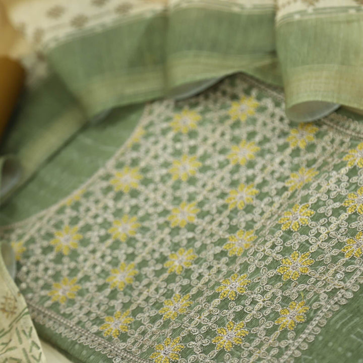 Alfaaz Faded Army Green Zari Work Chanderi Top with Printed Chanderi Dupatta Set