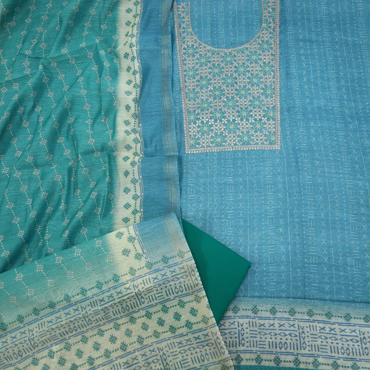 Alfaaz Cerulean Blue Zari Work Chanderi Top with Printed Chanderi Dupatta Set