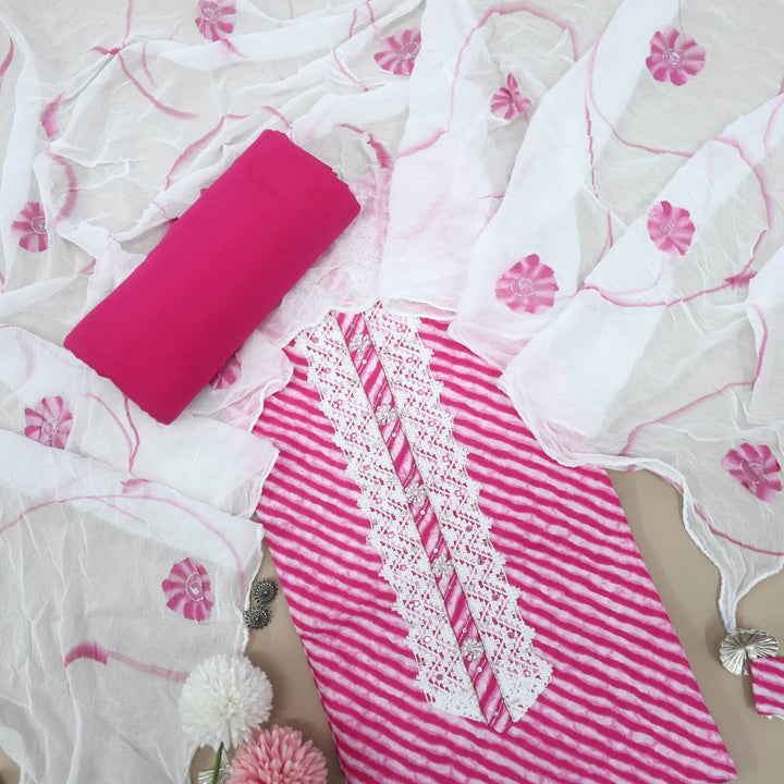 Leher Bright Pink Cotton Leheriya Top with Hand Painted Chiffon Dupatta Set