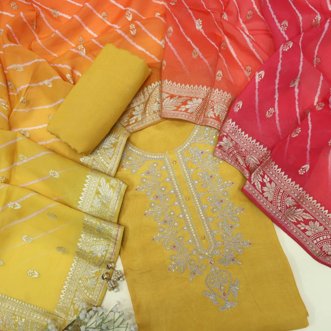 Ishani Canary Yellow Pita Work Dola Silk with Leheriya Zari Work Dola Silk Dupatta Set
