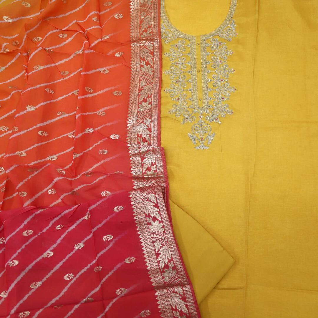 Ishani Canary Yellow Pita Work Dola Silk with Leheriya Zari Work Dola Silk Dupatta Set