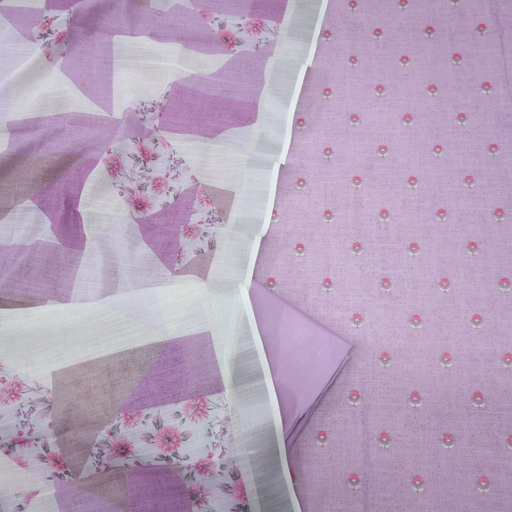 Mahreen Light Mauve Purple Cross Stitch work Cotton Linen Top and Dupatta Set